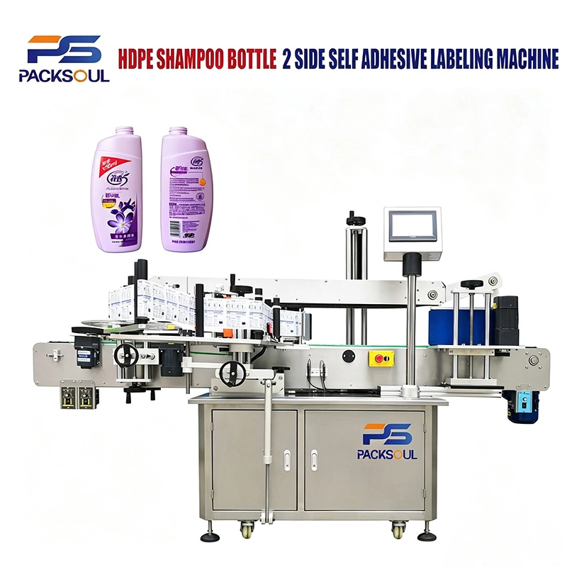 Máy dán nhãn hai mặt chai dầu gội HDPE