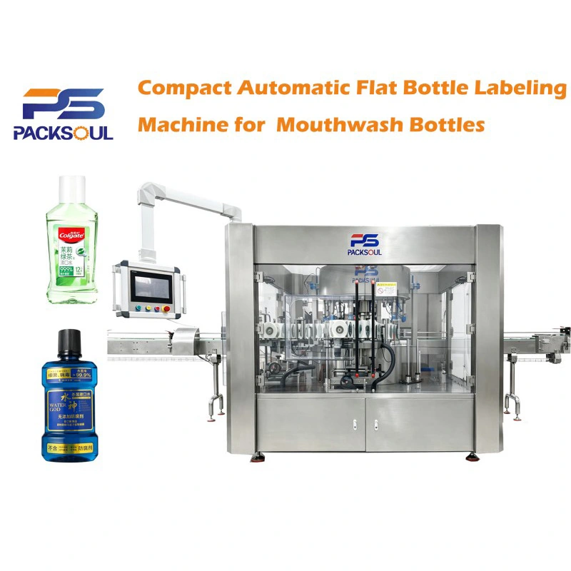 Máy dán nhãn chai nước súc miệng phẳng